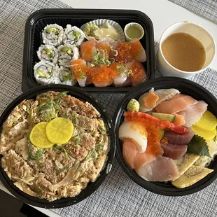 Top: California Roll and Hamachi Avocado Rainbow Roll Bottom: Tonkatsu Donburi and Chirashi. Both entrees comes with a miso soup
