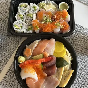 Top: California Roll and Hamachi Avocado Rainbow Roll Bottom: Chirashi comes with a miso soup