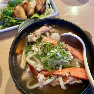 Yosenabe - hotpot with seafood, chicken, udon. Misoyaki black cod appetizer.
