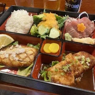 Bento Box: Saba Shioyaki, deep friend red snapper, maguro shashimi