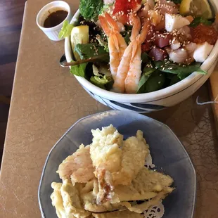 Tempura and a bowl of yummy. I forgot the name.