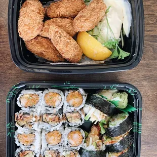 3 sushi rolls and fried oysters