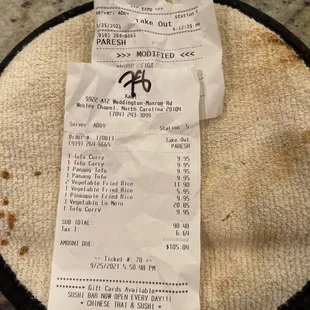 the receipt for the restaurant