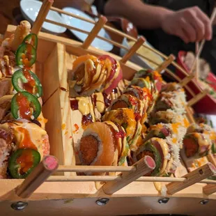 Sushi on a wooden boat