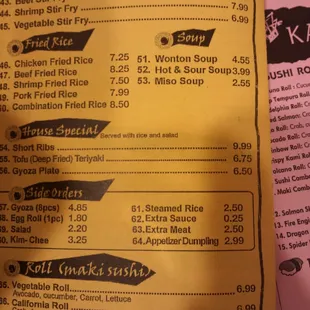 the menu and prices