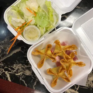 crab rangoons and salad