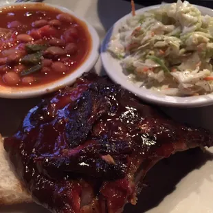 Baby back three rib sampler with cold slaw &amp; beans