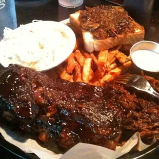 BBQ combo: half pork ribs, kaminsky pulled pork, sweet potato fries and cole slaw. Ordered extra Texas toast.