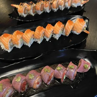 New Menu items!!!!  From top to bottom: 
Pepper Salmon Roll 
Salmon Lover Roll 
Boston Roll