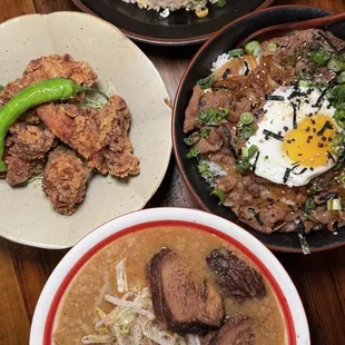 TONKOTSU JIRO RAMEN, GYU DONBURI, KARAAGE CHICKEN, MENTAIKO FRIED RICE