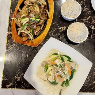 Sizzling Mongolian Beef and Thai Curry Chicken