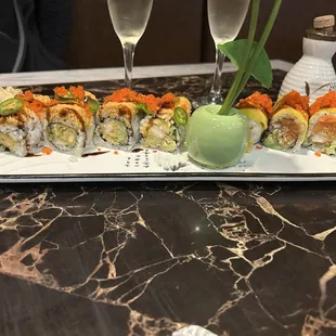 Snow Mountain roll and Mango Tango roll with Prosecco of course!