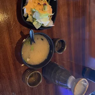 Miso soup and house salad! And Hot sake!