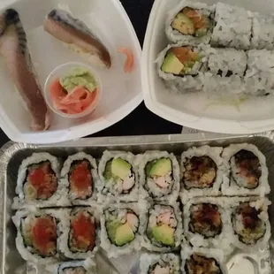 Saba nigiri, salmon maki roll, spicy tuna maki roll, california roll, unagi maki roll. Overall below average quality