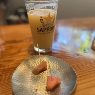 Dill pickles watermelon (amusebush) and Kamonegi Hazy IPA