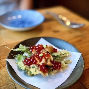 Uni Shiso Bomb | fresh uni, ikura, shiso tempura, house-made uni salt, wasabi