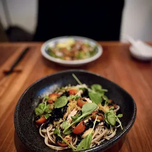 Ginger Chicken Bukkake (seasonal) | cold poached chicken, negi-shio sauce, hijiki seaweed, cherry tomato, watercress