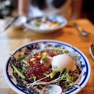 Ikura Oroshi Bukkake Soba | house-cured ikura, cucumber, daikon, shiso, radish, wasabi, nori (added sous vide egg)