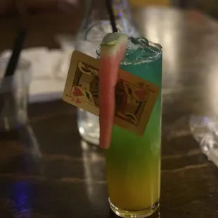 a colorful drink on a table