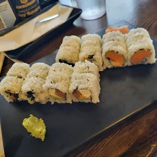 Philadelphia roll (foreground), sweet potato roll (background)
