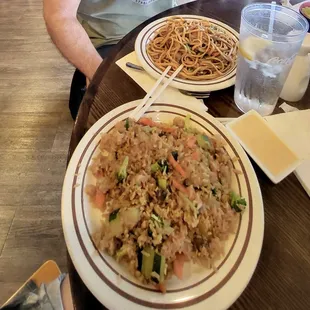 Vegetable fried rice (foreground), Steak yaki soba (background)
