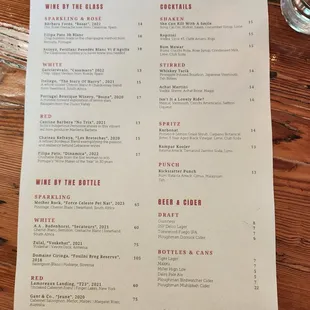 Drinks menu