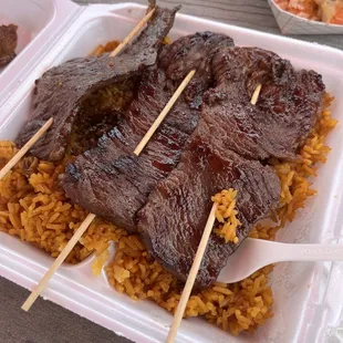 Beef sticks with fried rice