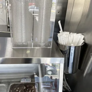 a counter with a variety of food items