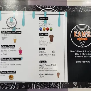 Menu ice cream