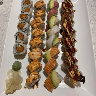 R to L: spicy salmon, Jana sushi roll, rainbow roll, fire dragon roll