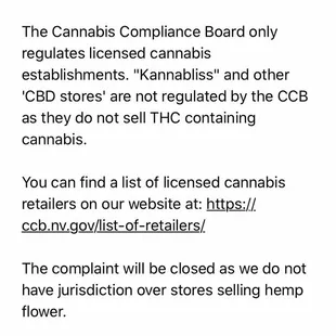 Response in one day from cannabis compliance board that they do not sell cannabis.