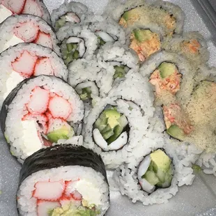 Crab roll w avo and cream cheese, shrimp california, and spicy california with crunch