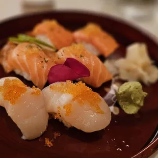 Hokkaido Scallop, King Salmon and Salmon Belly Nigiri