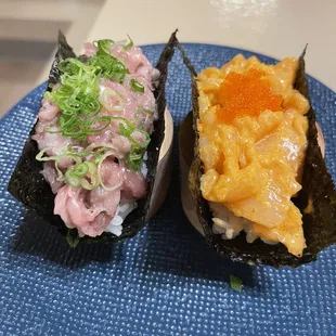 Negi toro hand roll and spicy scallop hand roll
