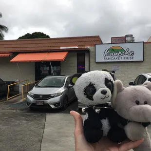 a person holding two stuffed animals