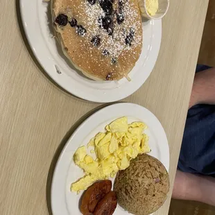 Fried rice breakfast and pancakes.