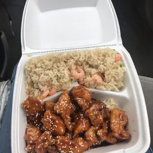 chicken and rice in a styrofoam container