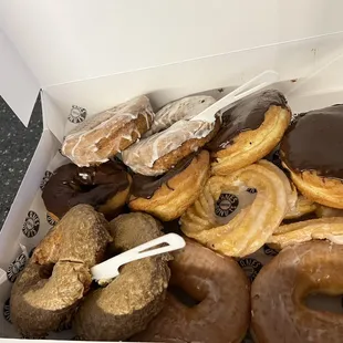 Fall seasonal, French crueller, boston crème, chocolate dipped, honey dipped