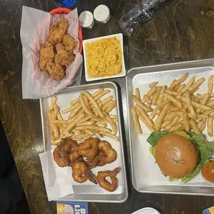 Friend chicken, chicken sandwich, friend shrimp, Mac and cheese