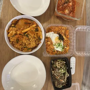 Duk Bok with ramen, japchae, and kimchi fried rice with spam