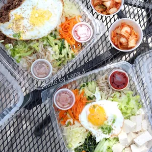 Beef Bibimbap ($10) and Tofu Bibimbap ($10) - each w/ spinach, cabbage, bean sprouts, cucumber, fried egg on rice