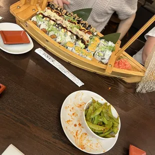 Edamame and our boat of sushi.