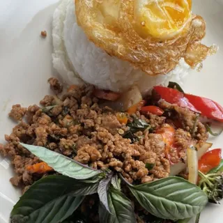 Basil Ground Chicken White Rice Fried Egg