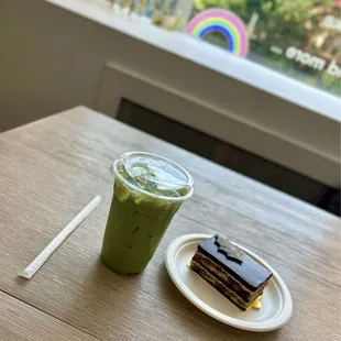 Iced matcha and opera cake--Kanom, a cafe oasis along University Blvd!