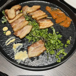 Pork belly came out with a dome of smoke. Delicious and lovely presentation