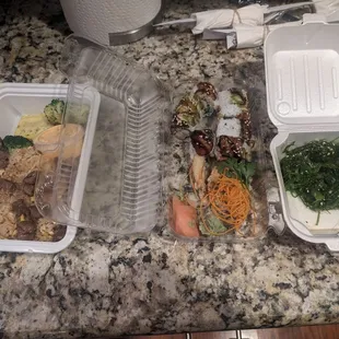 Wagyu Fried Rice, Dragon Roll, Seaweed Salad.