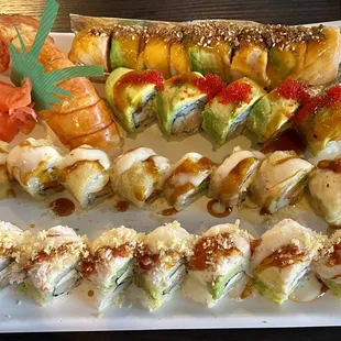 Sushi- bottom to top. Snow flower, Krispy Kreme, Lobster roll, Who&apos;s your daddy