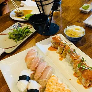 garlic edamame, Mixed Tempura, Octopus and Shrimp Sushi,  Albacore Roll