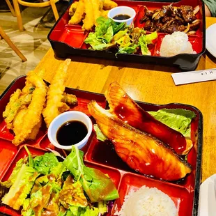 Beef Teriyaki and Tempura, Salmon Teriyaki and Tempura