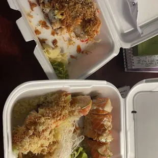 Fire scallop (left) 007 with salmon (too right) derby roll (bottom right )